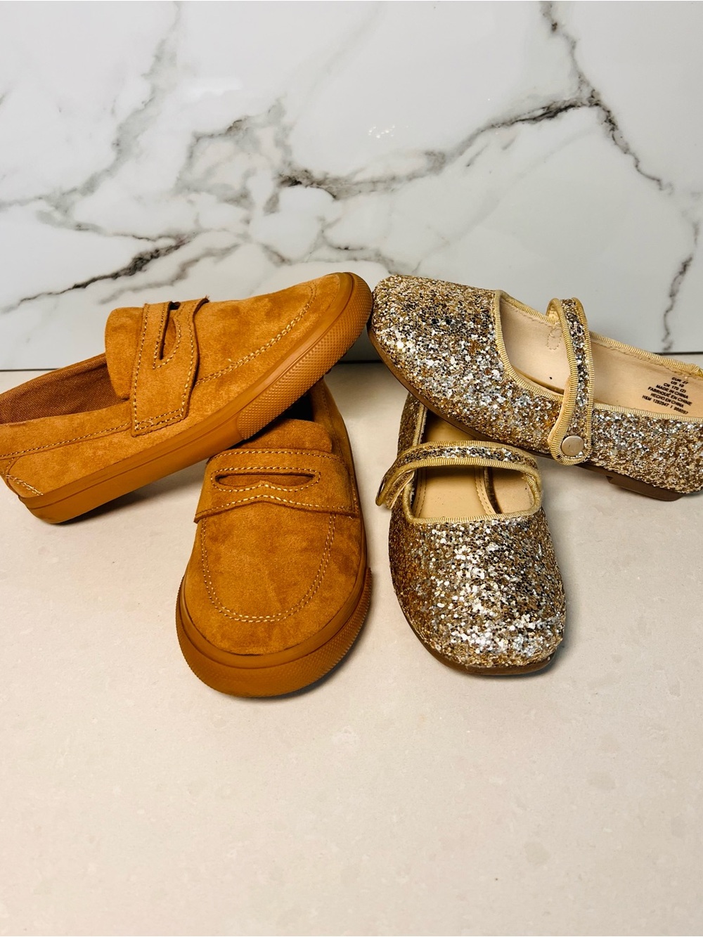 H&M Gold Glitter Mary Janes & Old Navy Tan Suede Loafers Kids Shoe Set- 2 Pairs